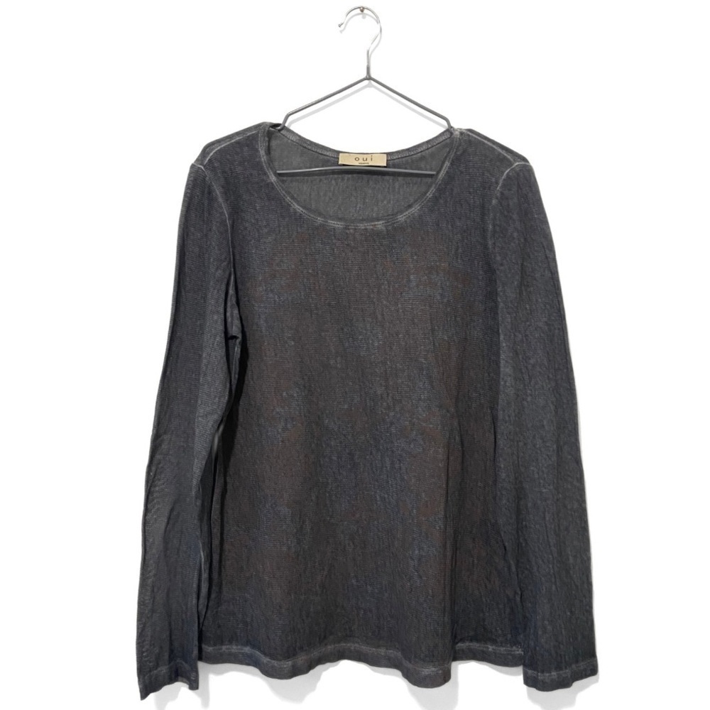 Oui Grey/Brown Mesh Sheer Grunge Cotton Long Sleeve Top Size 8